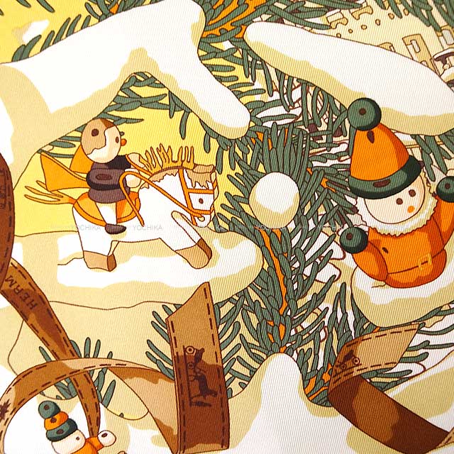 HERMES scarf Carre 45 Gavroche Noel au 24 Faubourg Jaune/Multicolor Cotton100%[EXCELLENT][Authentic]