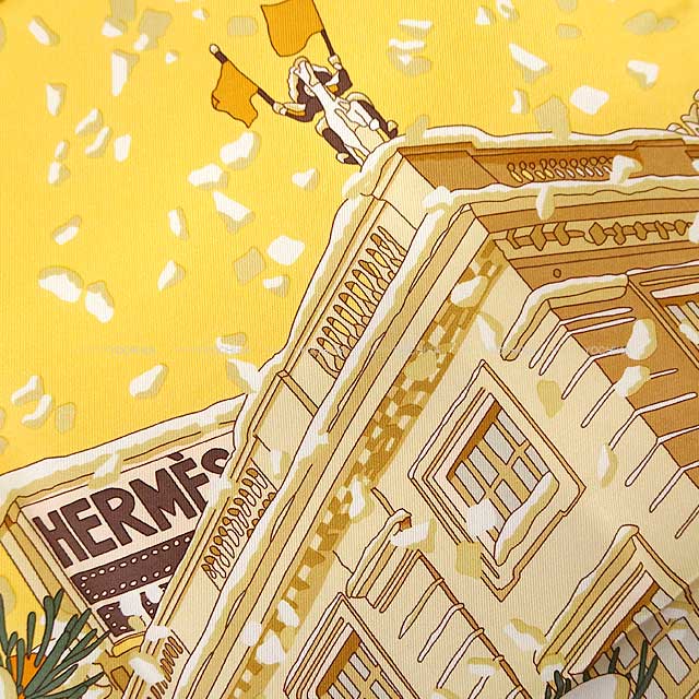 HERMES scarf Carre 45 Gavroche Noel au 24 Faubourg Jaune/Multicolor Cotton100%[EXCELLENT][Authentic]