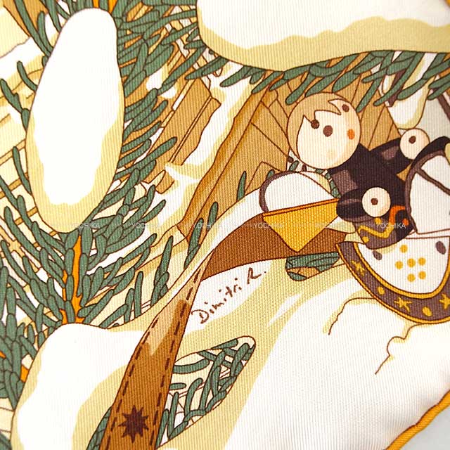 HERMES scarf Carre 45 Gavroche Noel au 24 Faubourg Jaune/Multicolor Cotton100%[EXCELLENT][Authentic]