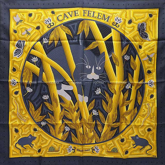 HERMES scarf Carre 90 CAVE FELEM Noir (Black)/Jaune Silk100%[EXCELLENT][Authentic]