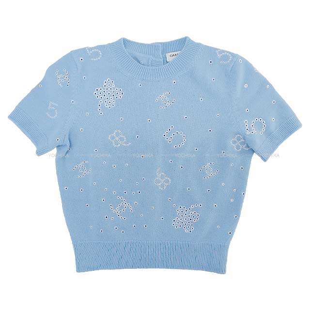 2023SS CHANEL Knit Coco mark Clover Icon Coco button Short sleeves Knit Blue Cashmere P74637[BRAND NEW][Authentic]