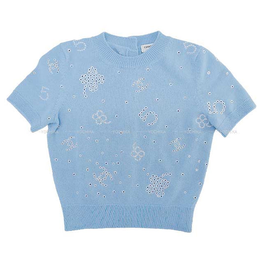 2023SS CHANEL Knit Coco mark Clover Icon Coco button Short sleeves Knit Blue Cashmere P74637[BRAND NEW][Authentic]