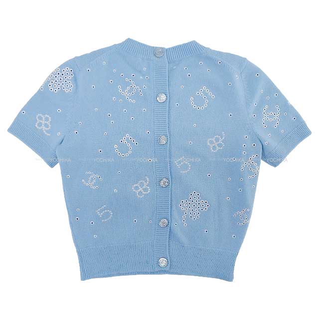 2023SS CHANEL Knit Coco mark Clover Icon Coco button Short sleeves Knit Blue Cashmere 34 P74637[BRAND NEW][Authentic]