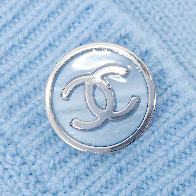 2023SS CHANEL Knit Coco mark Clover Icon Coco button Short sleeves Knit Blue Cashmere 34 P74637[BRAND NEW][Authentic]