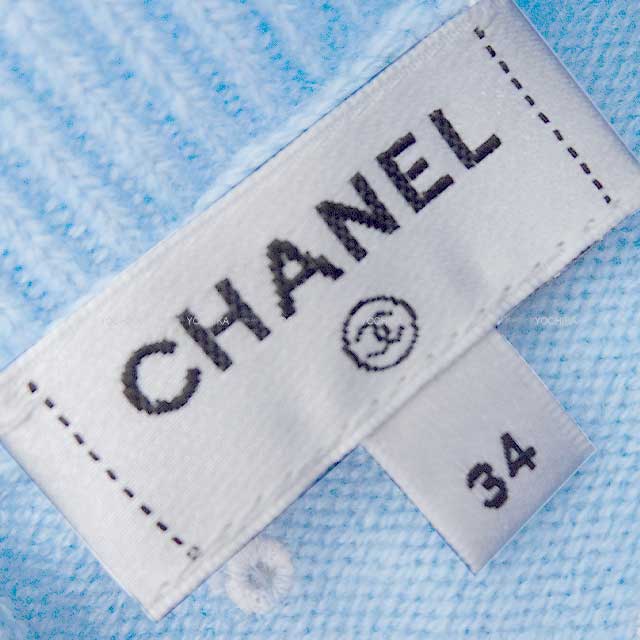 2023SS CHANEL Knit Coco mark Clover Icon Coco button Short sleeves Knit Blue Cashmere 34 P74637[BRAND NEW][Authentic]