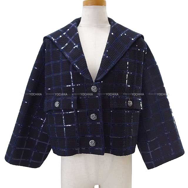 2024SS NEW CHANEL Tailored jacket Ladies spangle Glitter Tweed Clover Coco button Navy Blue/Black Cotton/Polyester 34 P77269[BRAND NEW][Authentic]