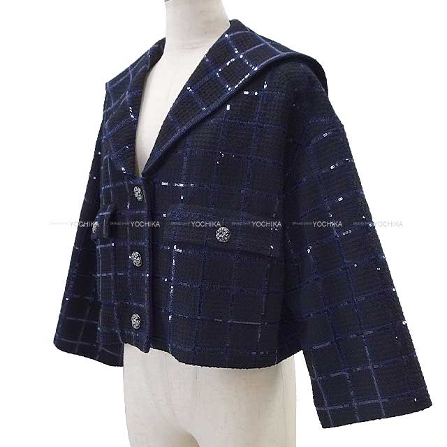 2024SS NEW CHANEL Tailored jacket Ladies spangle Glitter Tweed Clover Coco button Navy Blue/Black Cotton/Polyester 34 P77269[BRAND NEW][Authentic]