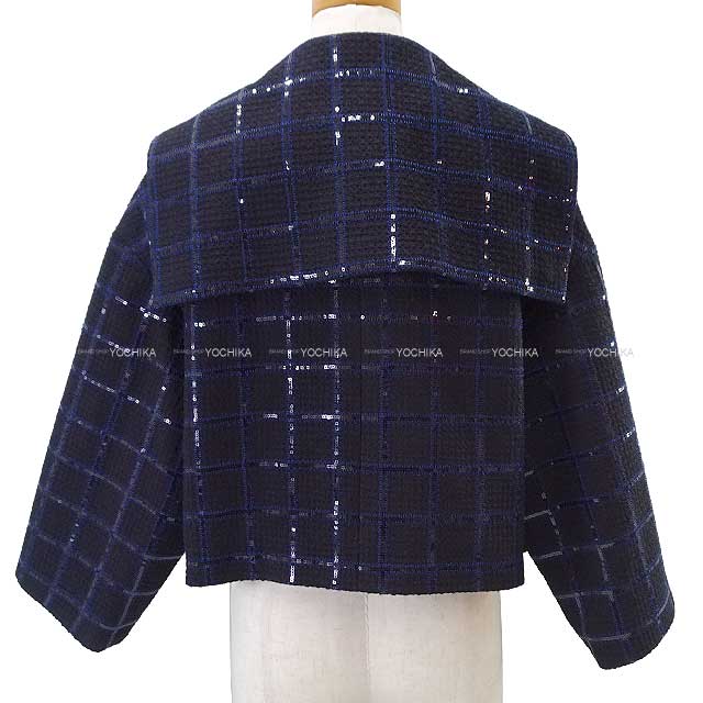 2024SS NEW CHANEL Tailored jacket Ladies spangle Glitter Tweed Clover Coco button Navy Blue/Black Cotton/Polyester 34 P77269[BRAND NEW][Authentic]