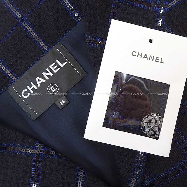 2024SS NEW CHANEL Tailored jacket Ladies spangle Glitter Tweed Clover Coco button Navy Blue/Black Cotton/Polyester 34 P77269[BRAND NEW][Authentic]