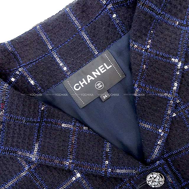 2024SS NEW CHANEL Tailored jacket Ladies spangle Glitter Tweed Clover Coco button Navy Blue/Black Cotton/Polyester 34 P77269[BRAND NEW][Authentic]