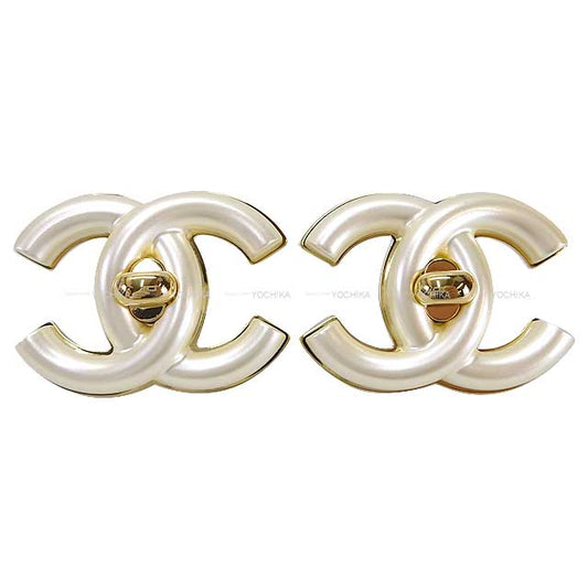 CHANEL earrings Simple color Coco mark Gold/Blanc (White) Metal/Resin Gold HW ABD693[EXCELLENT][Authentic]