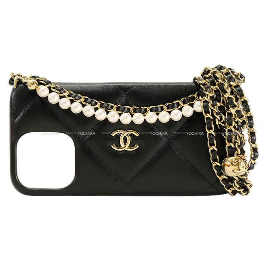 2024 SS NEW CHANEL iPhone case iPhone15 PRO Matelassé With adjuster Coco mark Pearl Chain Noir (Black) Lambskin Gold HW AP3866[BRAND NEW][Authentic]