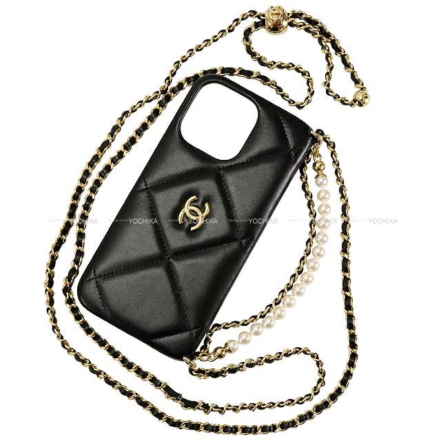 2024 SS NEW CHANEL iPhone case iPhone15 PRO Matelassé With adjuster Coco mark Pearl Chain Noir (Black) Lambskin Gold HW AP3866[BRAND NEW][Authentic]