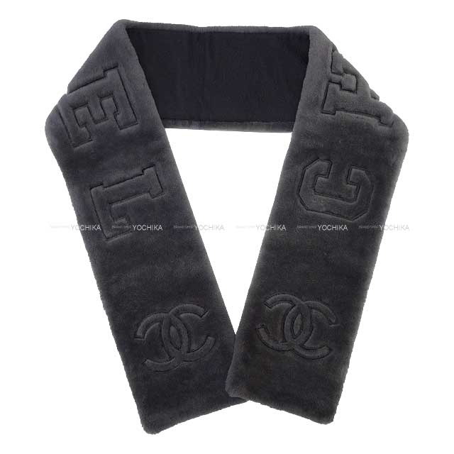 2024-2025 AW New CHANEL muffler Fur Coco mark Logo Tippet Charcoal gray Lambskin/Cashmere[BRAND NEW][Authentic]