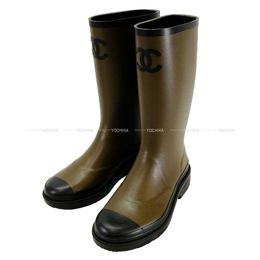 2024-2025 AW New CHANEL boots Ladies Long Rain Coco mark Kaki/Noir (Black)  Rubber 38 38 G45838[BRAND NEW][Authentic]