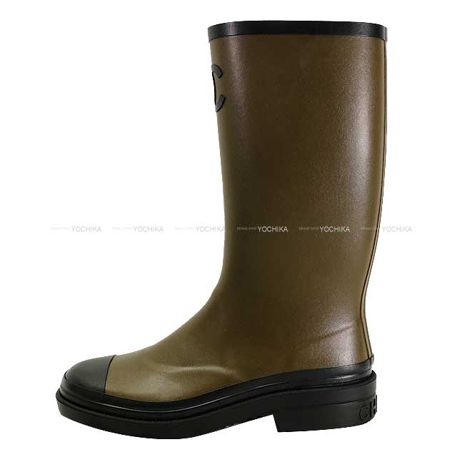 2024-2025 AW New CHANEL boots Ladies Long Rain Coco mark Kaki/Noir (Black)  Rubber 38 38 G45838[BRAND NEW][Authentic]