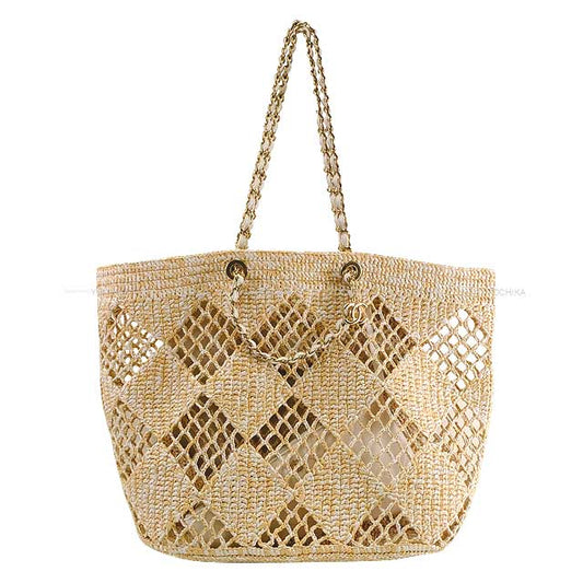 2024-2025SS NEW CHANEL Matelasse Coco beach 2way large shopping chain With poach Beige Raffia effect/Weaving Gold HW AS4576[BRAND NEW][Authentic]