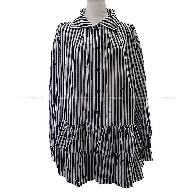 CHANEL Long sleeve shirt Ladies Print Cotton Rhinestone Coco mark Stripe Frill Dress Blanc (White)/Noir (Black) Cotton 34 P76212[BRAND NEW][Authentic]