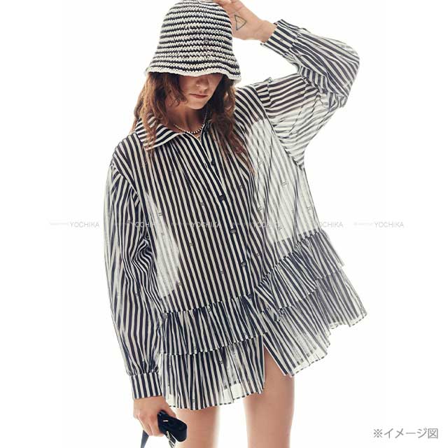 CHANEL Long sleeve shirt Ladies Print Cotton Rhinestone Coco mark Stripe Frill Dress Blanc (White)/Noir (Black) Cotton 34 P76212[BRAND NEW][Authentic]