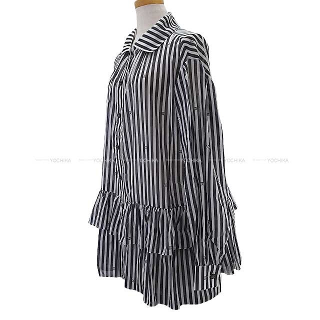 CHANEL Long sleeve shirt Ladies Print Cotton Rhinestone Coco mark Stripe Frill Dress Blanc (White)/Noir (Black) Cotton 34 P76212[BRAND NEW][Authentic]