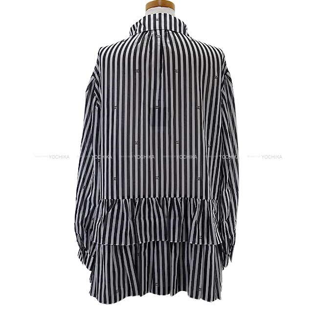 CHANEL Long sleeve shirt Ladies Print Cotton Rhinestone Coco mark Stripe Frill Dress Blanc (White)/Noir (Black) Cotton 34 P76212[BRAND NEW][Authentic]