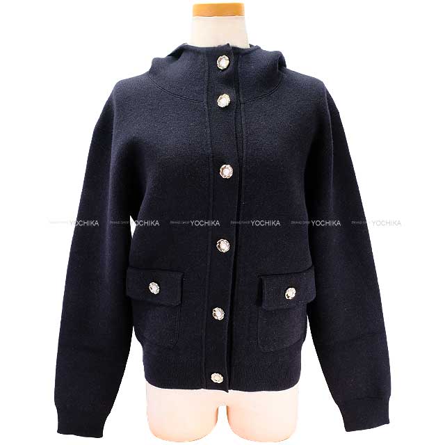 CHANEL Cardigan Camelia button Hoodie  COCO mark Navy Cashmere/Nyron/Polyurethane 36 P76963[BRAND NEW][Authentic]