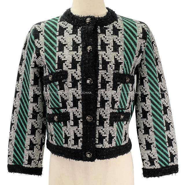 2024AW NEW CHANEL Plainly colored jacket Ladies Plainly colored Coco button Cardigan Houndstooth Green/Noir (Black)/Blanc (White) Wool/Cashmere/Reyon 34 P77453[BRAND NEW][Authentic]