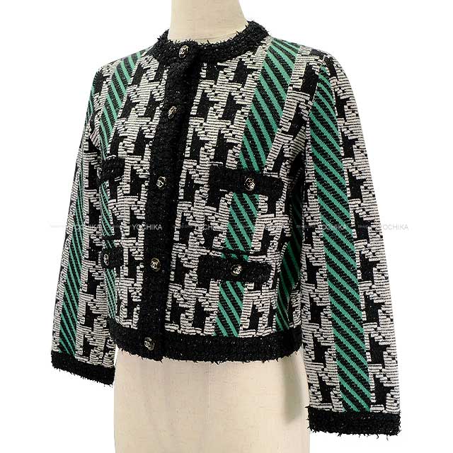 2024AW NEW CHANEL Plainly colored jacket Ladies Plainly colored Coco button Cardigan Houndstooth Green/Noir (Black)/Blanc (White) Wool/Cashmere/Reyon 34 P77453[BRAND NEW][Authentic]