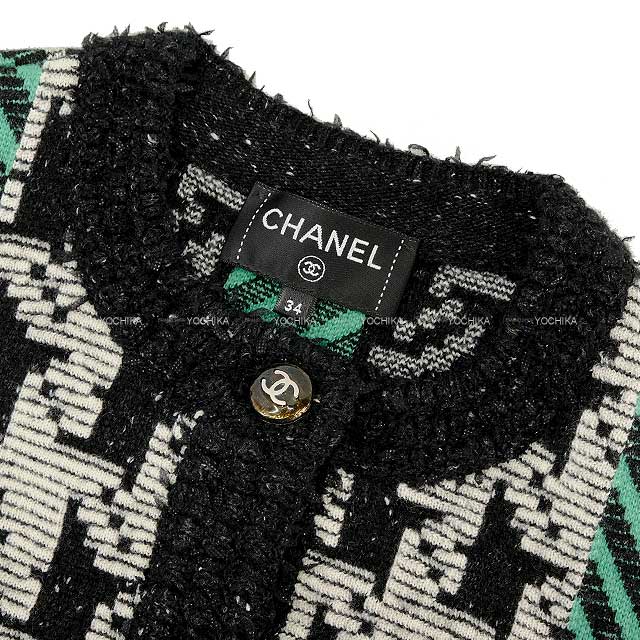 2024AW NEW CHANEL Plainly colored jacket Ladies Plainly colored Coco button Cardigan Houndstooth Green/Noir (Black)/Blanc (White) Wool/Cashmere/Reyon 34 P77453[BRAND NEW][Authentic]