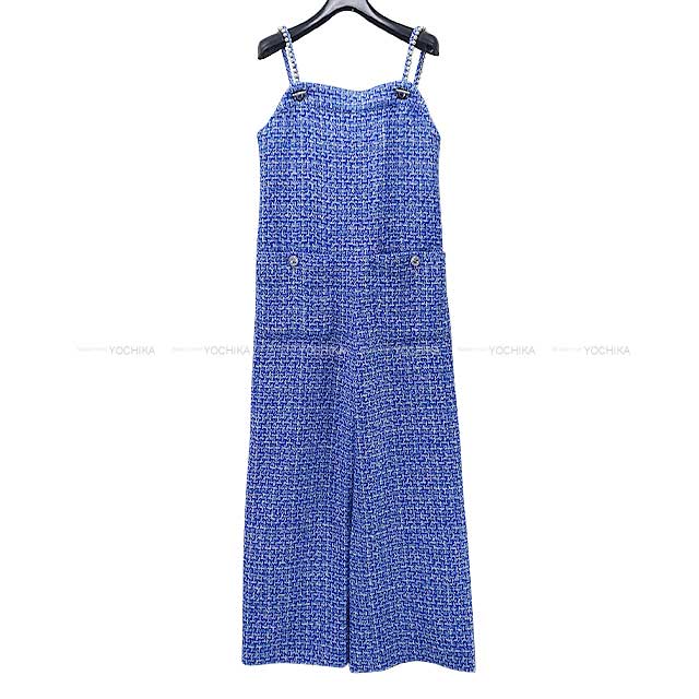 2023SS CHANEL Pants Ladies Jump Suit Marion Cotillard Tweed Pearl Strap Blue/Blanc (White) Cotton/Polyester 36 P74464[EXCELLENT][Authentic]