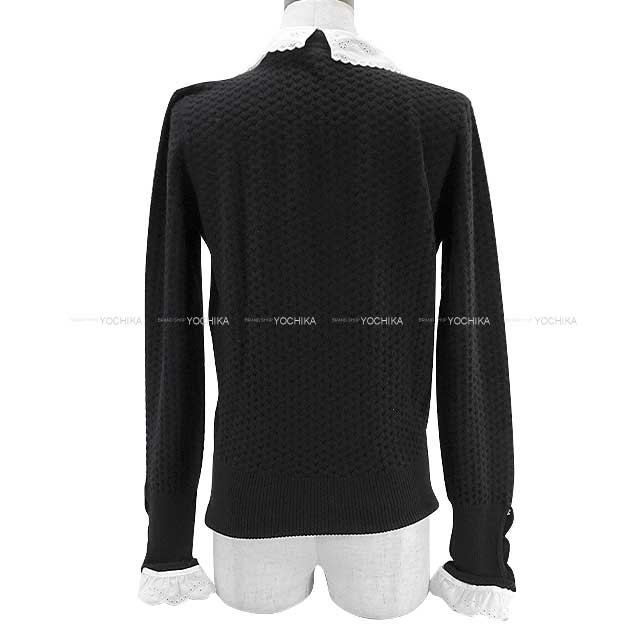 2024 AW New CHANEL Knit Ladies Pullover Camelia button Frill with Race collar Noir (Black)/Blanc (White) Cashmere97%/Nylon2%/Polyurethane1% 34 P77538[BRAND NEW][Authentic]