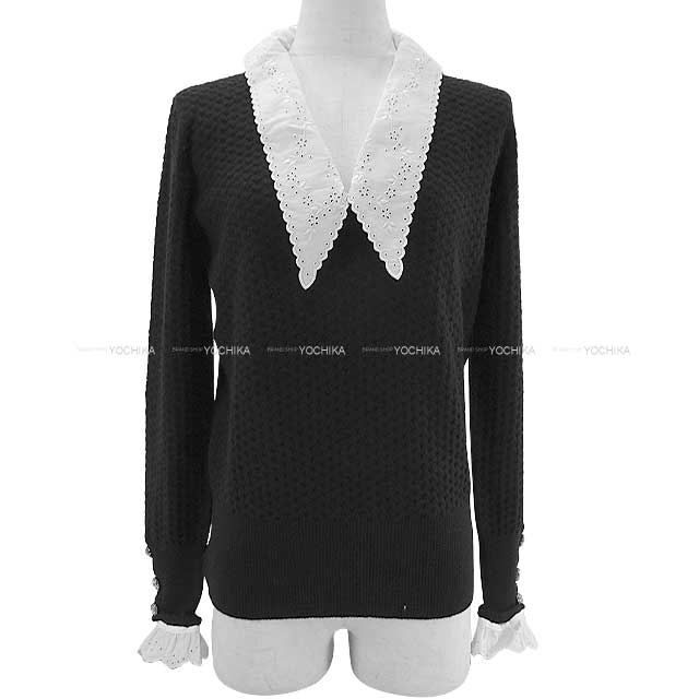 2024 AW New CHANEL Knit Ladies Pullover Camelia button Frill with Race collar Noir (Black)/Blanc (White) Cashmere97%/Nylon2%/Polyurethane1% 34 P77538[BRAND NEW][Authentic]