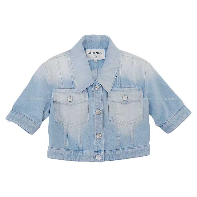 2024 NEW  Coco Beach Collection CHANEL Denim jacket Ladies Cropped Iridescent washed metal Coco buttons Blue/Silver Cotton #34 P76208[BRAND NEW][Authentic]