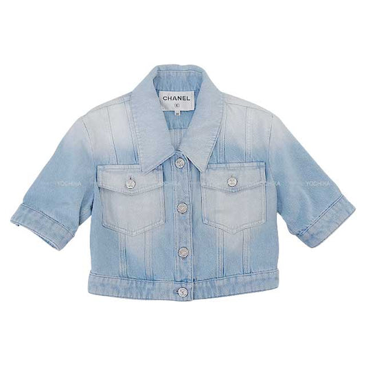 2024 NEW  Coco Beach Collection CHANEL Denim jacket Ladies Cropped Iridescent washed metal Coco buttons Blue/Silver Cotton #34 P76208[BRAND NEW][Authentic]