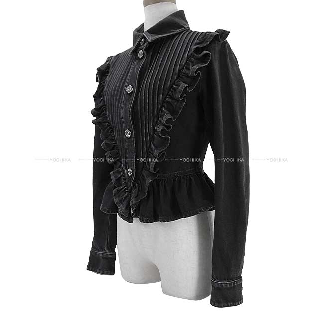 CHANEL Ladies washed denim camellia button flil jacket Noir (Black) Cotton 34[BRAND NEW][Authentic]