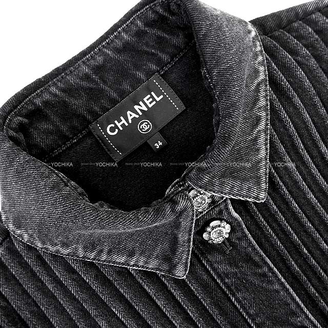 CHANEL Ladies washed denim camellia button flil jacket Noir (Black) Cotton 34[BRAND NEW][Authentic]