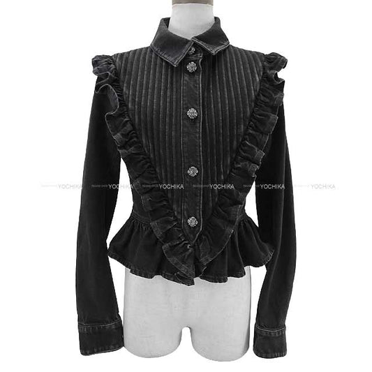 CHANEL Ladies washed denim camellia button flil jacket Noir (Black) Cotton 34[BRAND NEW][Authentic]