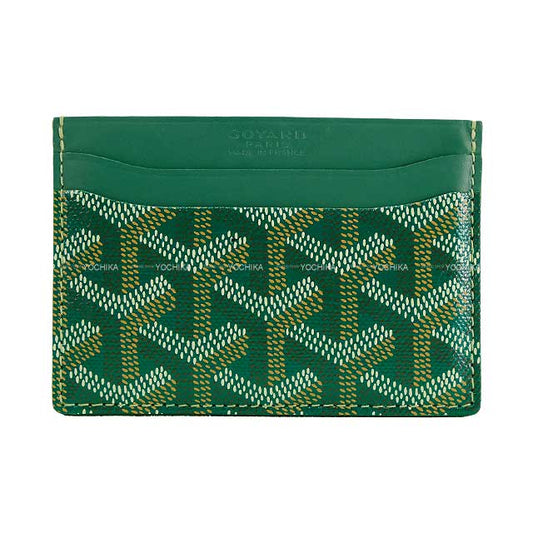 [Pre-loved] GOYARD card holder Saint-Sulpice Herringbone Green PVC coated canvas /Calf[LIKE NEW][Authentic]