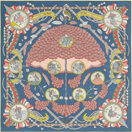 HERMES scarf Carre 140 Lombrel Le Magique Bleu Jean Vieux rose Cashmere70% / Silk30%[EXCELLENT][Authentic]