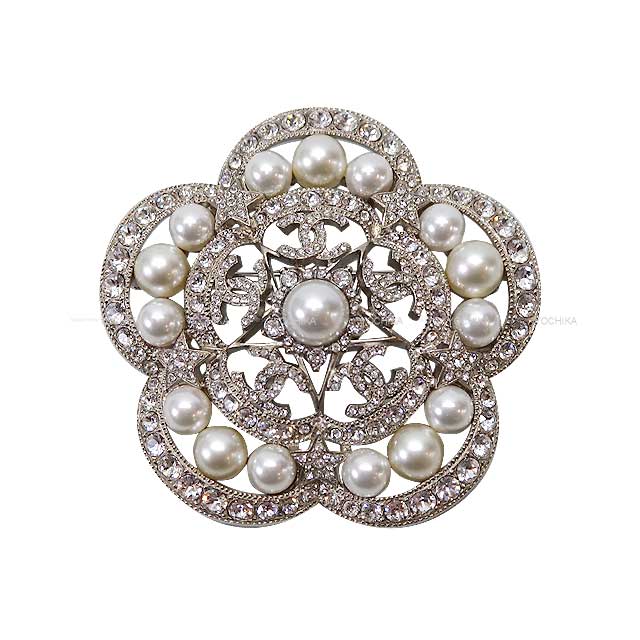 CHANEL broach Camellia Coco Mark Star Rhinestone pearl  Silver AB3524[EXCELLENT][Authentic]