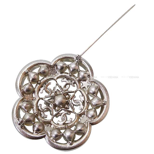 CHANEL broach Camellia Coco Mark Star Rhinestone pearl  Silver AB3524[EXCELLENT][Authentic]