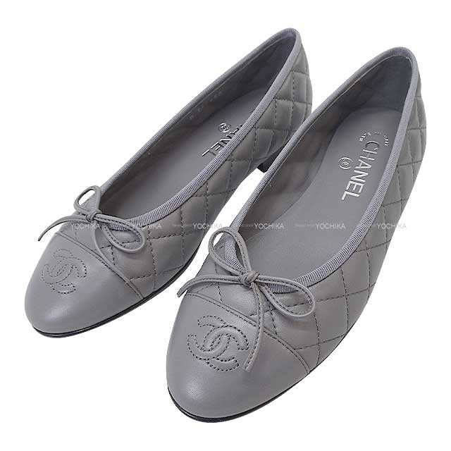 CHANEL ballet shoes(flat shoes) Matelasse Coco mark ribbon #38 Grey Lambskin G26250[EXCELLENT][Authentic]