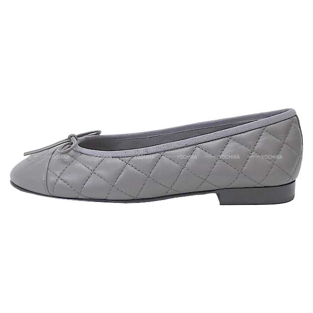 CHANEL ballet shoes(flat shoes) Matelasse Coco mark ribbon #38 Grey Lambskin G26250[EXCELLENT][Authentic]