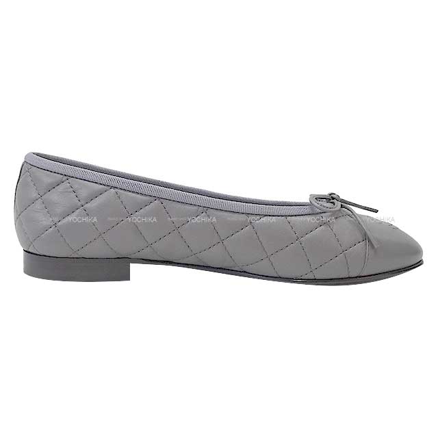 CHANEL ballet shoes(flat shoes) Matelasse Coco mark ribbon #38 Grey Lambskin G26250[EXCELLENT][Authentic]