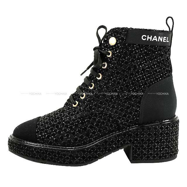 CHANEL boots Lace-Up Boots Matelasse with Pearls Noir (Black) Pearly Calfskin/Calfskin 37.5 G38514[EXCELLENT][Authentic]