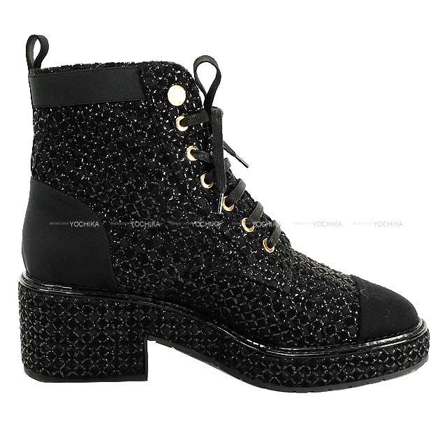 CHANEL boots Lace-Up Boots Matelasse with Pearls Noir (Black) Pearly Calfskin/Calfskin 37.5 G38514[EXCELLENT][Authentic]