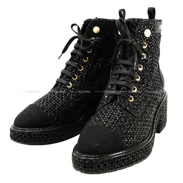 CHANEL boots Lace-Up Boots Matelasse with Pearls Noir (Black) Pearly Calfskin/Calfskin 37.5 G38514[EXCELLENT][Authentic]