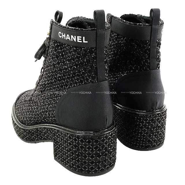 CHANEL boots Lace-Up Boots Matelasse with Pearls Noir (Black) Pearly Calfskin/Calfskin 37.5 G38514[EXCELLENT][Authentic]