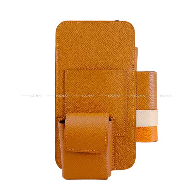 [Pre-loved] HERMES Carrying case Smartphone case HERMES way lipstick case Gold/Nata/Orange Ever Grain Silver HW Stamp U[LIKE NEW][Authentic]