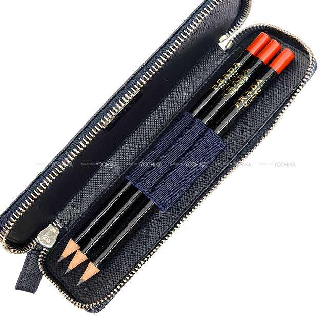 PLASTIC GIRL pencil case Stationery set of 3 pencils Navy Saffiano leather[BRAND NEW][Authentic]